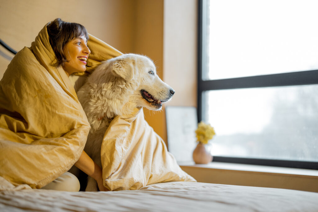 woman with her dog under the blanket on bed